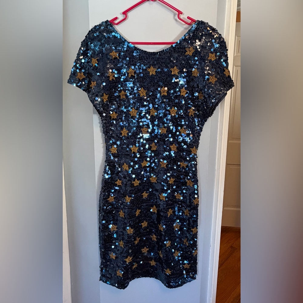 Vintage Navy Sequin Star Short Sleeve Party Dress Carmen Marc Valvo